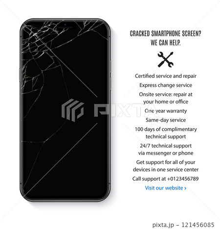 smartphone with cracked touch screen for repair service. realistic and detailed mobile phone mockup isolated on white background. stock vector illustration 121456085