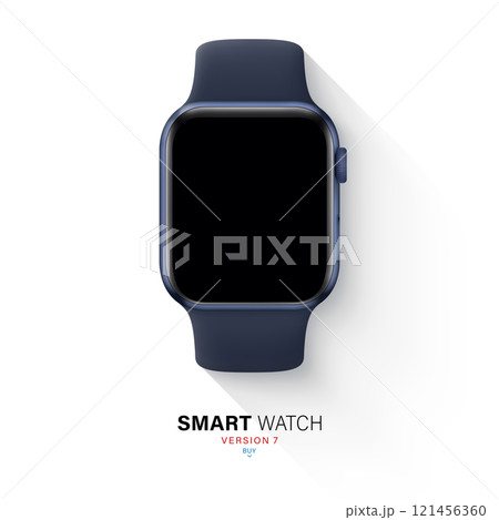 smart watch in aluminum case with silicone band flat lay isolated on white background. top view wrist clock blue color with a sports strap. stock vector illustration 121456360