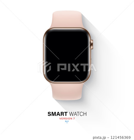 smart watch in stainless steel case with silicone band top view isolated on white background. flat lay wrist clock gold color with a sports strap. stock vector illustration 121456369