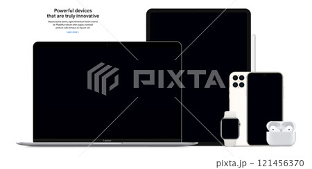 smartphone, tablet, laptop, smartwatch, headphones and stylus with black screen saver isolated on white background. realistic and detailed gadgets and devices mockup. stock vector illustration 121456370