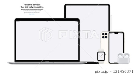 smartphone, tablet, laptop, smartwatch, headphones and stylus with blank screen saver isolated on white background. realistic and detailed gadgets and devices mockup. stock vector illustration smartphone, tablet, laptop, smartwatch, headphones and stylus with blank screen saver isolated on white background. realistic and detailed gadgets and devices mockup. stock vector illustration 121456371