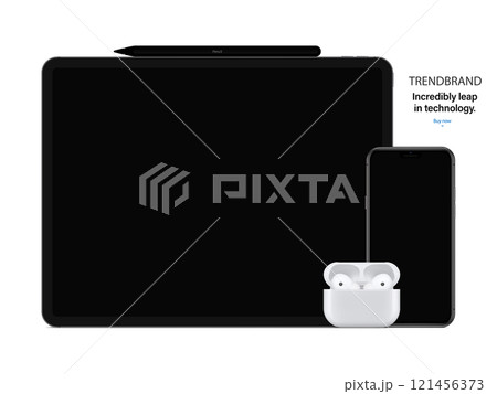 smartphone, tablet, earphones and stylus with black screen saver isolated on white background. realistic and detailed gadgets and devices mockup. stock vector illustration smartphone, tablet, earphones and stylus with black screen saver isolated on white background. realistic and detailed gadgets and devices mockup. stock vector illustration 121456373