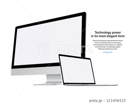computer display and laptop silver color with blank screen saver isolated on white background. realistic and detailed mockup of monitor and notebook. stock vector 3d isometric illustration 121456525