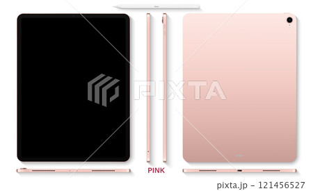 tablet pink color with black touch screen saver and stylus top view isolated on white background. flat lay mockup of realistic and detailed device. stock vector illustration tablet pink color with black touch screen saver and stylus top view isolated on white background. flat lay mockup of realistic and detailed device. stock vector illustration 121456527