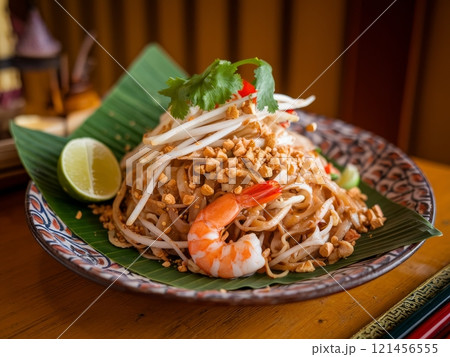 Traditional pad thai served on a decorative plate with shrimp and garnishes in a restaurant setting 121456555