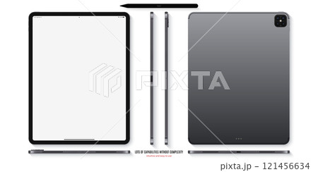 tablet grey color with blank touch screen saver and stylus top view isolated on white background. flat lay realistic and detailed device mockup. stock vector illustration 121456634