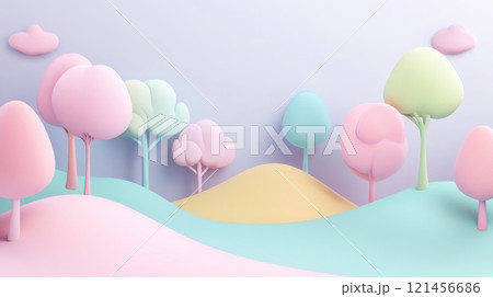 Simple 3D scene with pastel-colored trees 121456686