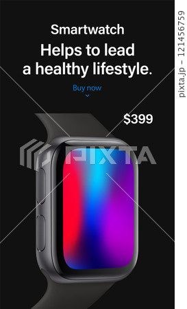 smartwatch grey color with colored touch screen saver for advertising on instagram stories. realistic and detailed watch mockup isolated on black background. stock vector 3d isometric illustration smartwatch grey color with colored touch screen saver for advertising on instagram stories. realistic and detailed watch mockup isolated on black background. stock vector 3d isometric illustration 121456759