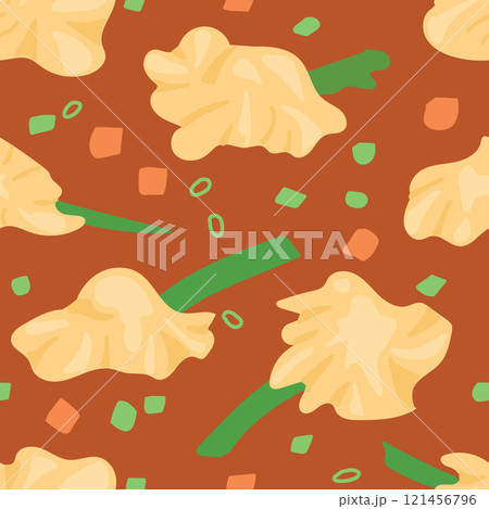 Seamless Vector Pattern of Wonton Soup Components Featuring Dumplings, Spring Onion, Carrot, and Bok Choy 121456796