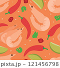 Seamless Vector Pattern of Tom Yum Soup Components Featuring Shrimp, Chili, Lime, Coriander, and White Sesame 121456798