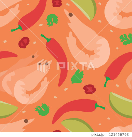 Seamless Vector Pattern of Tom Yum Soup Components Featuring Shrimp, Chili, Lime, Coriander, and White Sesame 121456798