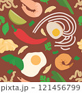 Seamless Vector Pattern of Asian Soup Components Including Noodles, Eggs, Shrimp, and More 121456799