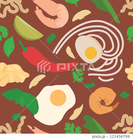 Seamless Vector Pattern of Asian Soup Components Including Noodles, Eggs, Shrimp, and More 121456799