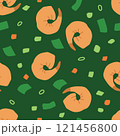 Seamless Vector Pattern Featuring Shrimp, Carrots, Spring Onion, and Fresh Herbs 121456800