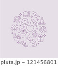 Vector Icons Arranged in a Circle Representing Self-Care Themes Including Hair Care, Fitness, Meditation, and More 121456801