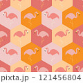 Seamless Vector Pattern of Flamingos in Hexagons with Pink and Orange Tones 121456804