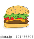 Simple Vector Illustration of a Hamburger with Sesame Bun, Lettuce, Tomato, Cheese, and Patty 121456805