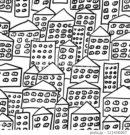 Seamless Vector Pattern of Simple Houses with Many Windows in Black and White 121456807