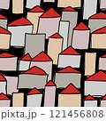Seamless Vector Pattern of Simple Houses with Red Roofs and Gray Tones on Black Background 121456808