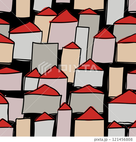 Seamless Vector Pattern of Simple Houses with Red Roofs and Gray Tones on Black Background 121456808
