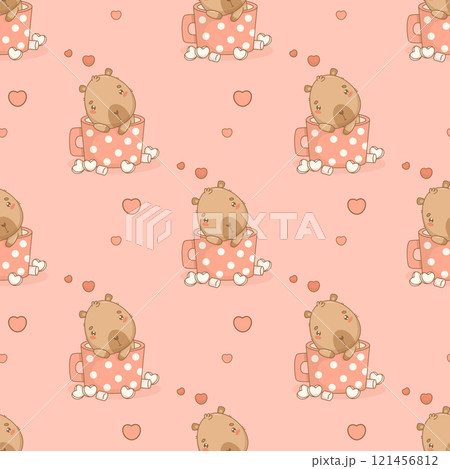 Seamless romantic pattern. Cute enamored capybara in polka dot cup with marshmallows on pink background with hearts. Vector illustration. Ornament template valentine with animal character. Seamless romantic pattern. Cute enamored capybara in polka dot cup with marshmallows on pink background with hearts. Vector illustration. Ornament template valentine with animal character. 121456812