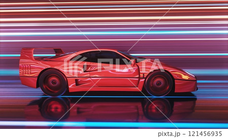 A Striking and Dynamic Red Sports Car is Captured in Motion While Racing Down the Open Highway 121456935