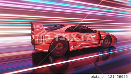 A Futuristic Red Racing Car in Motion with Colorful Light Trails Creating an Exciting Scene 121456936
