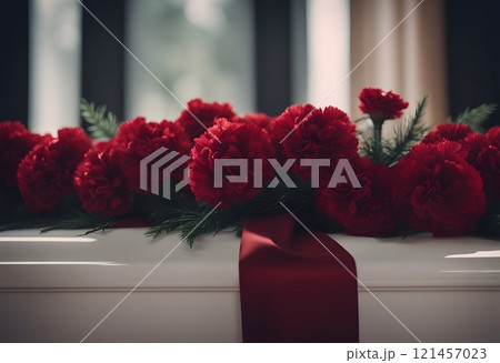 A close-up of a funeral banner with an elegant arrangement of deep red carnations and a flowing black ribbon, set against a soft-focus background of muted colors to convey a respectful atmosphere 121457023