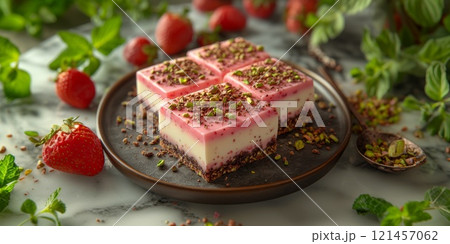 Delicious strawberry pistachio dessert bars sitting on marble countertop 121457062
