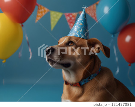 Happy cute dog celebrating with birthday cake and party hat 121457081