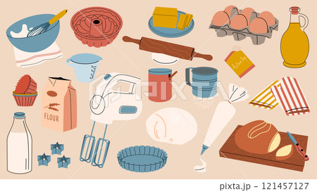 A set of baking tools and ingredients. Kitchen utensils and kitchenware. A set of baking tools and ingredients. Kitchen utensils and kitchenware. 121457127