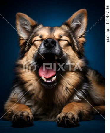 A tired dog lies on a white background, yawning widely. The scene conveys calm and serenity. 121457166