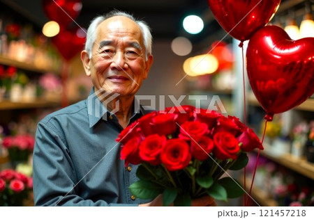 Happy Asian Man with big Bouquet of Red Roses. Portrait of smiling Elderly asian businessman, in the flower shop, decorated for Valentine's Day 121457218