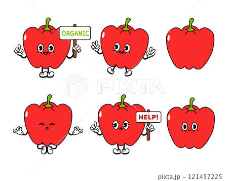Funny cute Bell pepper characters bundle set. Vector hand drawn doodle style traditional cartoon vintage, retro character illustration design. Isolated white background. Happy Bell pepper 121457225