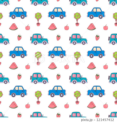 Cartoon cars background for boys. Transport pattern for design of children's textile products, fabric print, baby clothes. Nursery seamless pattern 121457412