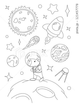 Coloring page with capybara astronaut and rocket 121457778