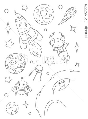 Coloring page with capybara astronaut and alien 121457779