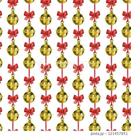Golden Christmas bells with red bows on a light background, seamless watercolor pattern. All objects are hand painted with watercolors. Suitable for printing on product packaging, gift paper 121457851