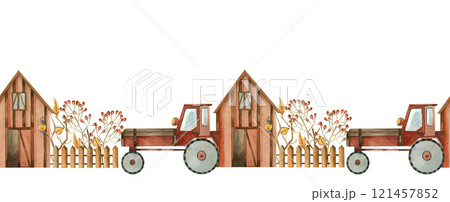 Seamless border. Farm with a fence, tractor, plants and trees. All objects are hand-drawn with watercolors. Seamless watercolor border. Suitable for printing on fabric, paper, for children's books. 121457852