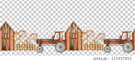 Seamless border. Farm with a fence, tractor, plants and trees. All objects are hand-drawn with watercolors. Seamless watercolor border. Suitable for printing on fabric, paper, for children's books. 121457852