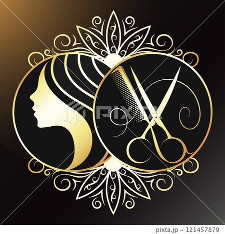 Scissors and comb, girl silhouette golden symbol 121457879