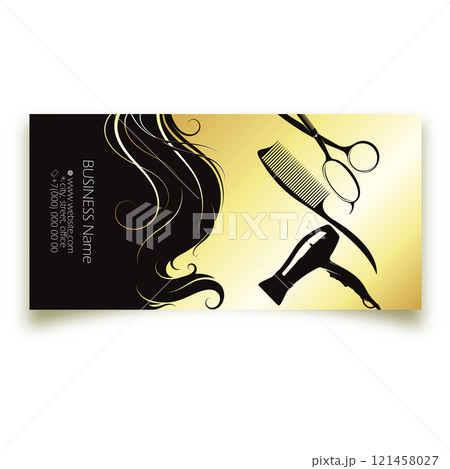 Business card for a beauty salon, hair dryer scissors and comb Business card for a beauty salon, hair dryer scissors and comb 121458027