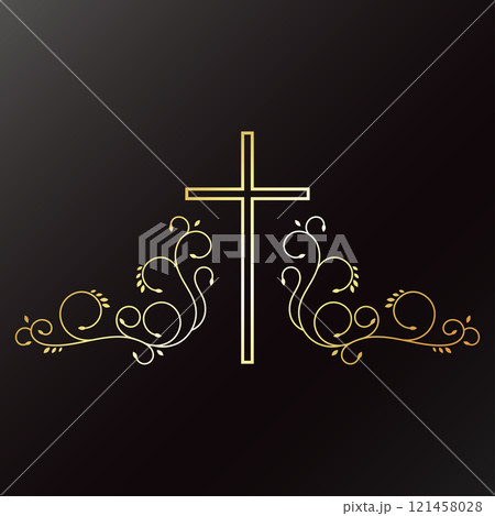 Christian cross with golden beautiful plant pattern Christian cross with golden beautiful plant pattern 121458028