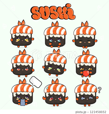 Funny cute happy Sushi characters bundle set. Vector hand drawn doodle style cartoon character illustration icon design. Isolated on green background. Cute Sushi mascot character collection Funny cute happy Sushi characters bundle set. Vector hand drawn doodle style cartoon character illustration icon design. Isolated on green background. Cute Sushi mascot character collection 121458032