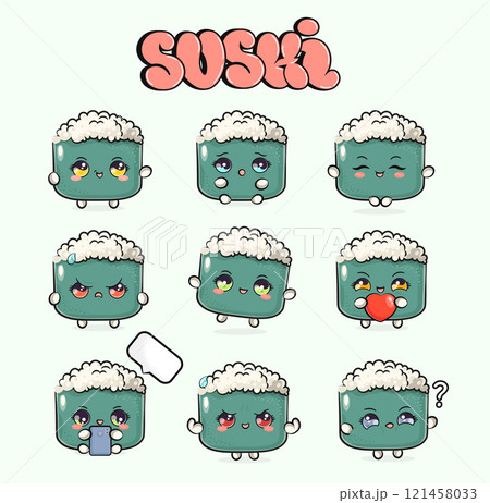 Funny cute happy Sushi characters bundle set. Vector hand drawn doodle style cartoon character illustration icon design. Isolated on green background. Cute Sushi mascot character collection 121458033