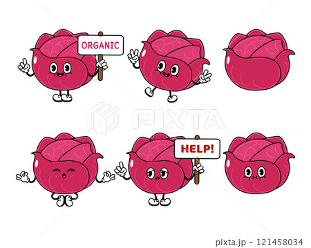 Funny cute Red Cabbage characters bundle set. Vector hand drawn doodle style traditional cartoon vintage, retro character illustration design. Isolated white background. Happy Red Cabbage 121458034