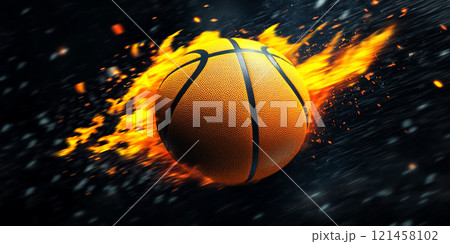 Flying basketball on fire falling from the dark 121458102