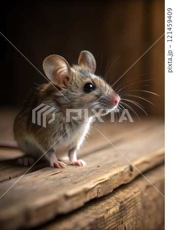 Small mouse curiously explores a wooden surface in a dimly lit environment 121459409