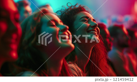 Joyful audience enjoying a live music performance under colorful lights at a vibrant concert in the summer evening 121459412