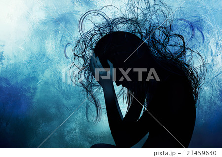 Silhouette of a woman in distress with head in hands, symbolizing stress, abstract blue background. 121459630